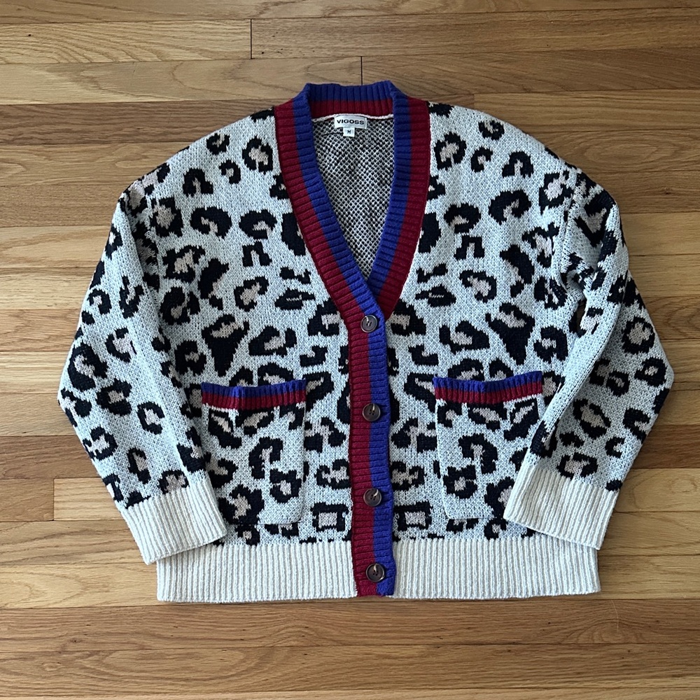 Vigoss Black and Cream Leopard Cardigan with Blue and Red Trim